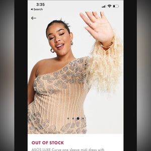 ASOS LUXE Curve one sleeve midi dress w/ embellishment & faux feather mink hem